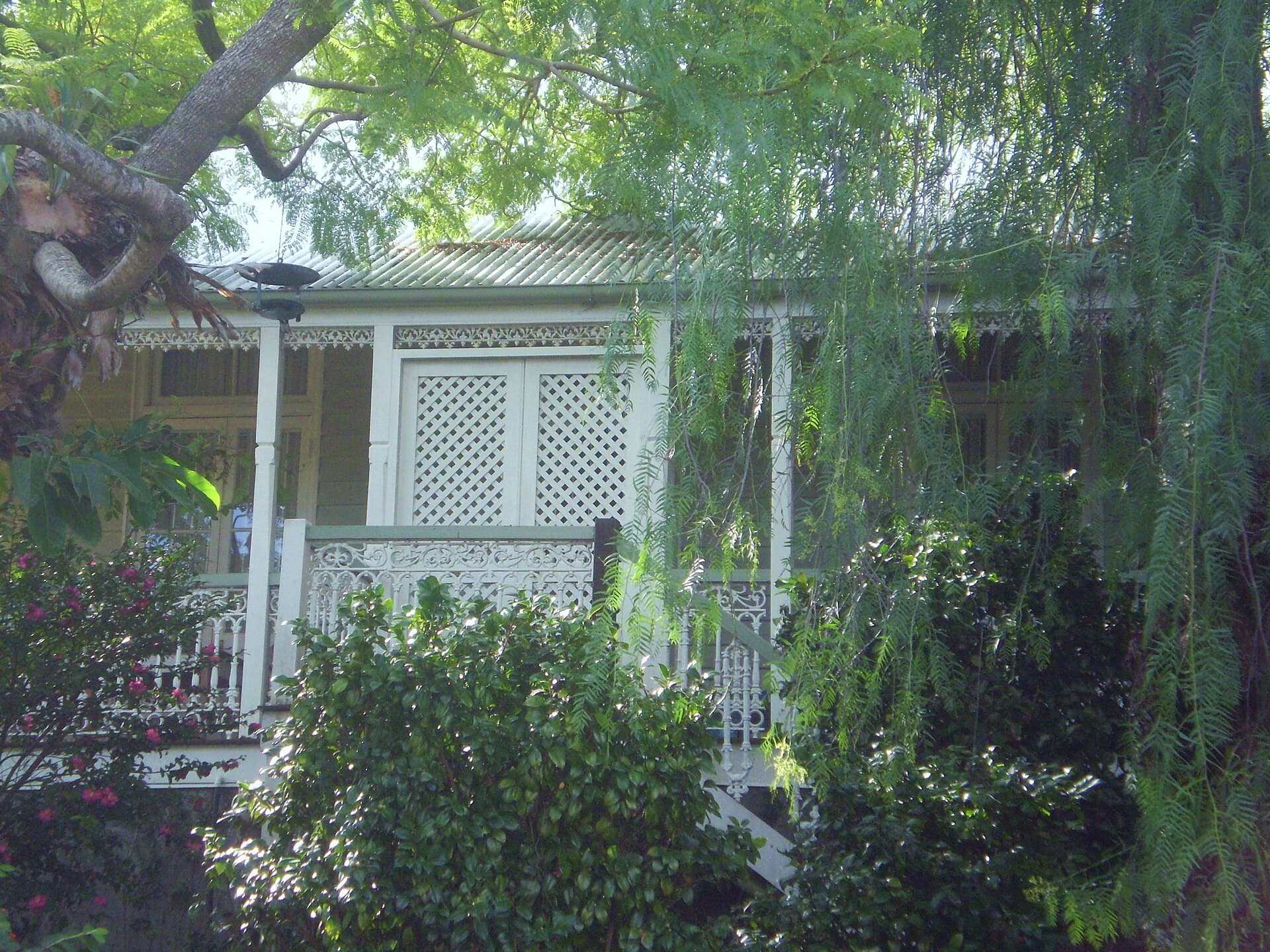 Lattice screening and timber posts on a Queenslander verandah